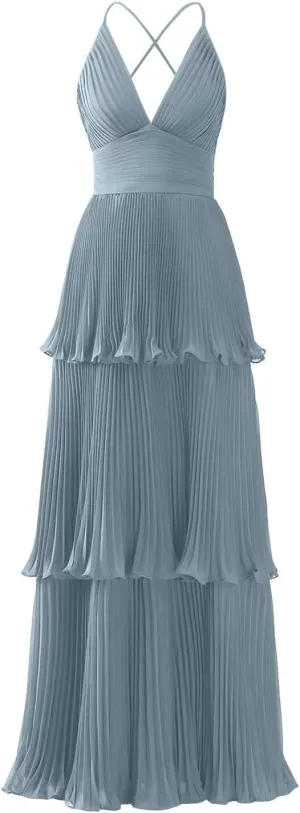 Tiered Ruffles Bridesmaid Dresses for Women Chiffon V-Neck A-line Long Formal Evening Gowns