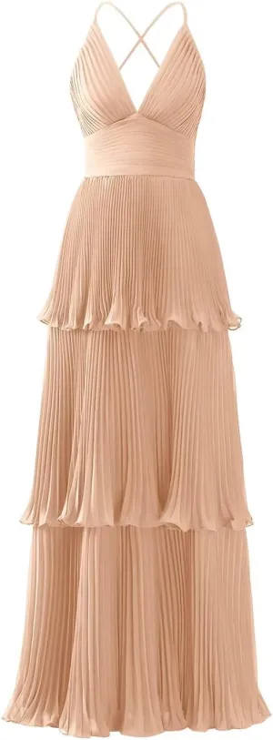 Tiered Ruffles Bridesmaid Dresses for Women Chiffon V-Neck A-line Long Formal Evening Gowns