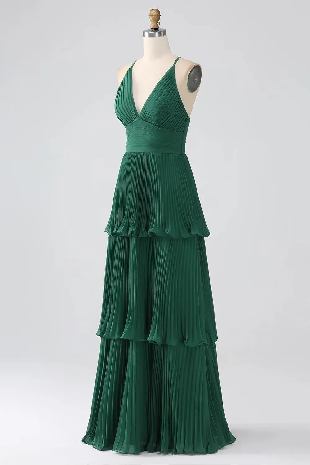 Tiered Ruffles Bridesmaid Dresses for Women Chiffon V-Neck A-line Long Formal Evening Gowns