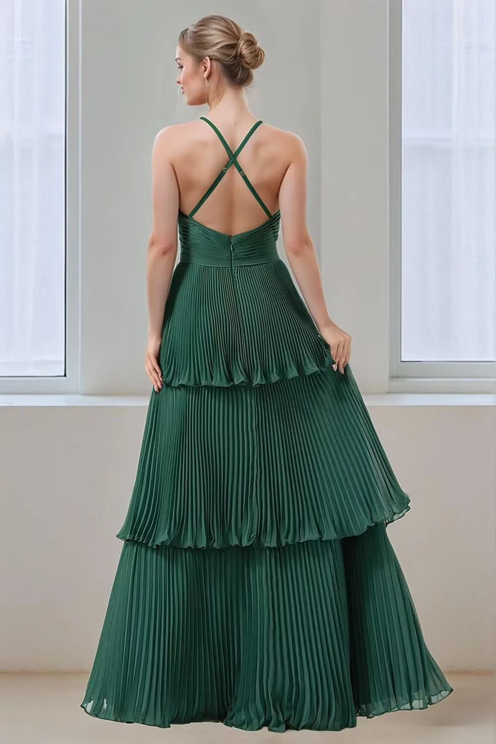 Tiered Ruffles Bridesmaid Dresses for Women Chiffon V-Neck A-line Long Formal Evening Gowns
