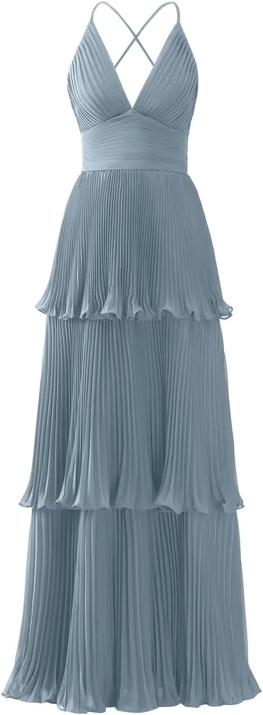 Tiered Ruffles Bridesmaid Dresses for Women Chiffon V-Neck A-line Long Formal Evening Gowns