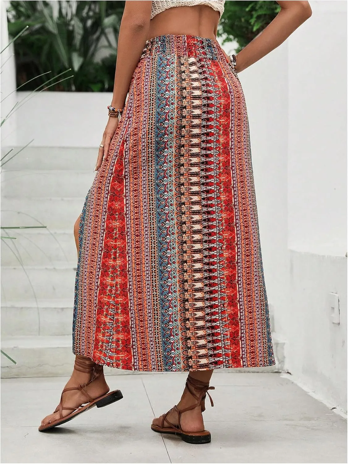 Verdusa Women's Boho Tribal Print Split Thigh Maxi Skirt High Waist Summer Skirts