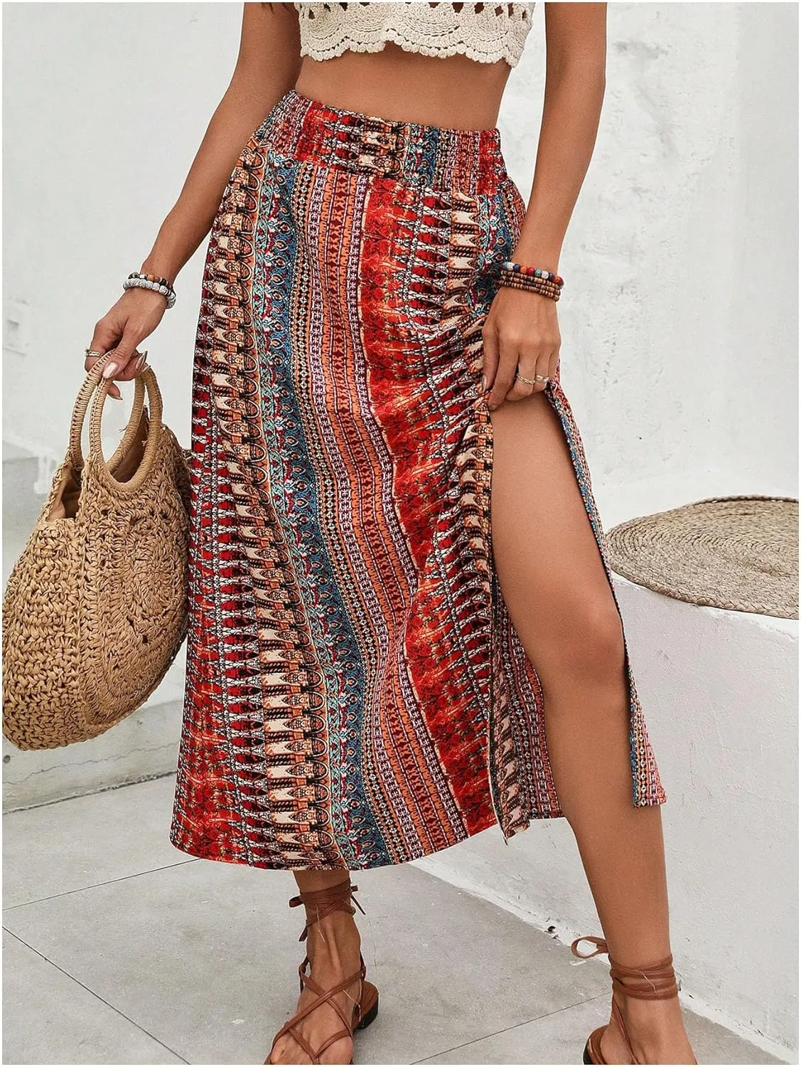Verdusa Women's Boho Tribal Print Split Thigh Maxi Skirt High Waist Summer Skirts