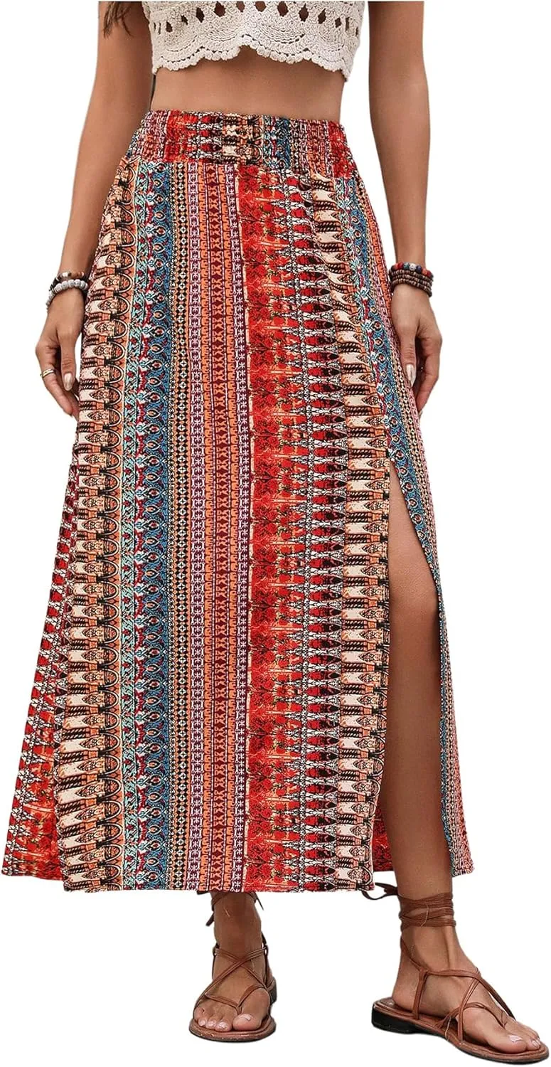 Verdusa Women's Boho Tribal Print Split Thigh Maxi Skirt High Waist Summer Skirts
