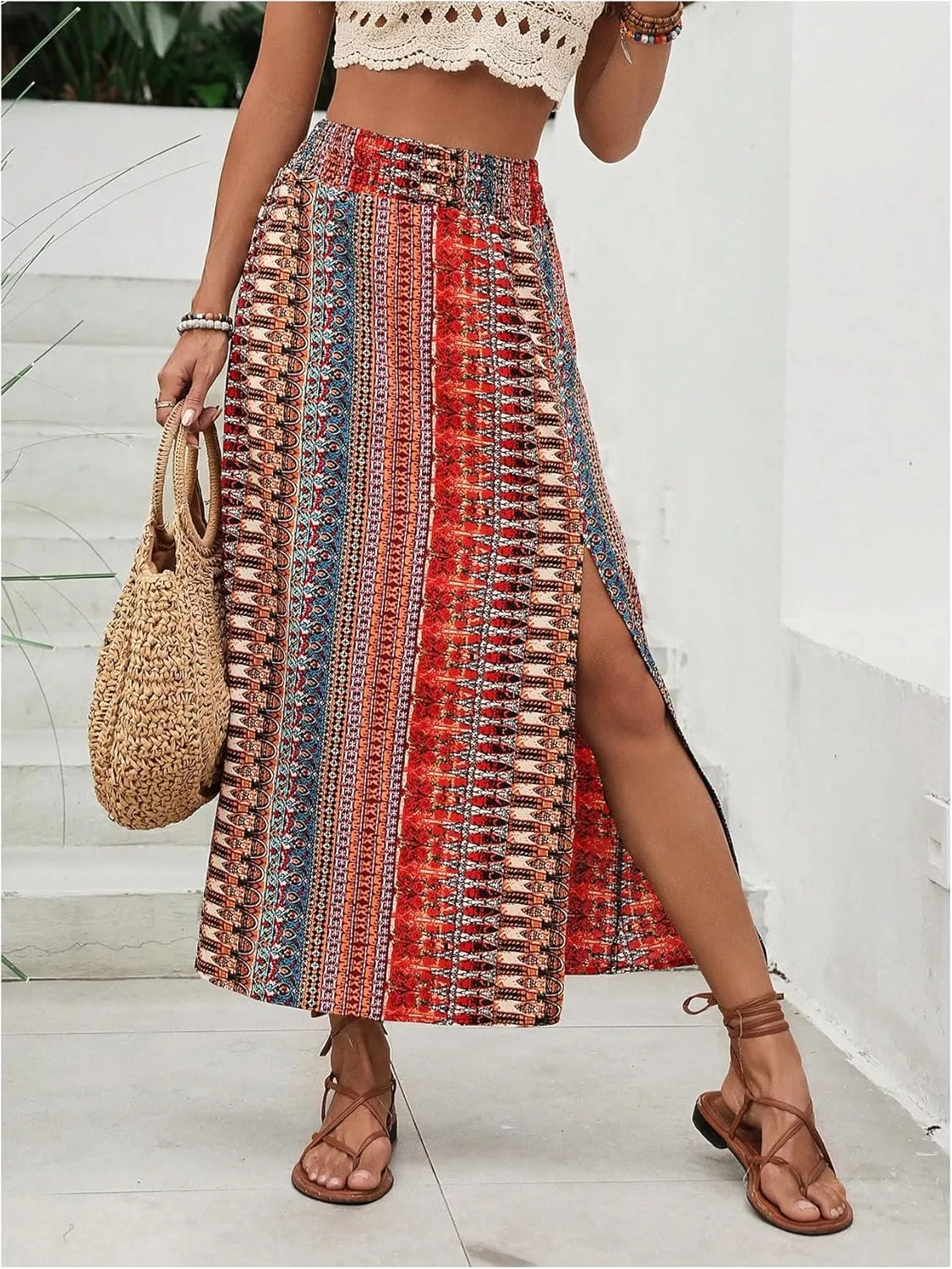 Verdusa Women's Boho Tribal Print Split Thigh Maxi Skirt High Waist Summer Skirts