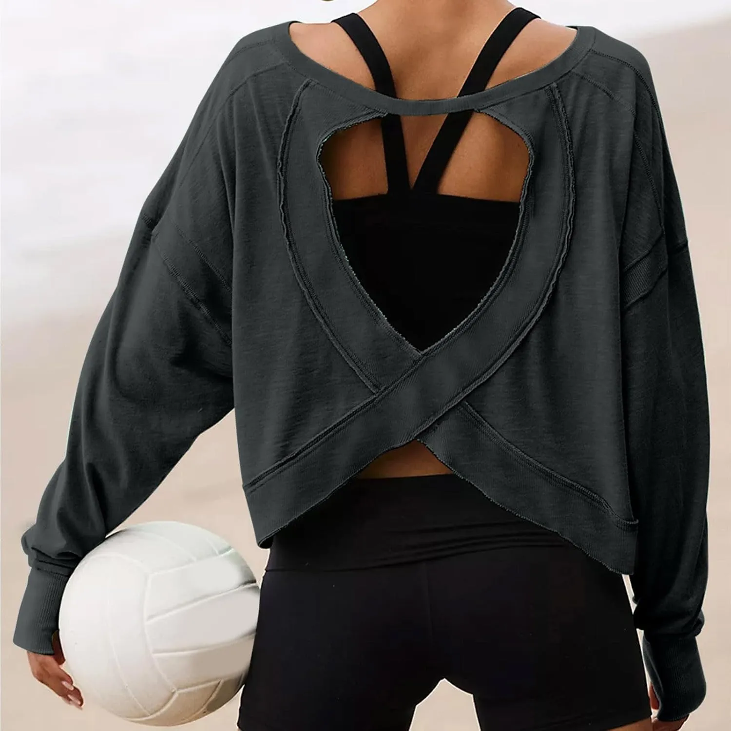 Women Fashionable Backless Workout Tops Crew Neck Long Sleeve Blouses Loose Solid Color Shirt Athletic Crop Tee