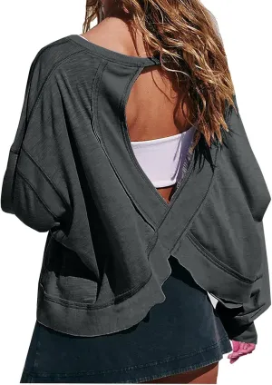 Women Fashionable Backless Workout Tops Crew Neck Long Sleeve Blouses Loose Solid Color Shirt Athletic Crop Tee