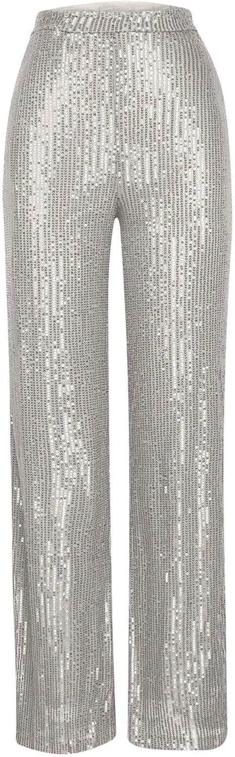 Women Sequin Pants High Waist Wide Leg Pants Long Glitter Palazzo Culottes Bling Party Clubwear Pants Fashion Trousers