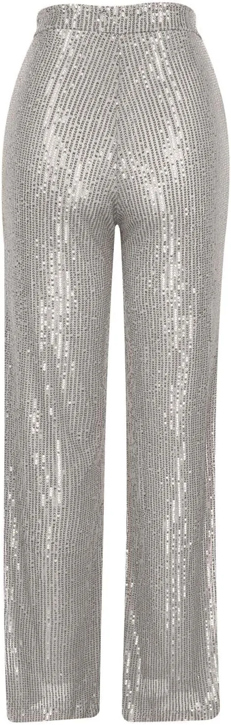 Women Sequin Pants High Waist Wide Leg Pants Long Glitter Palazzo Culottes Bling Party Clubwear Pants Fashion Trousers