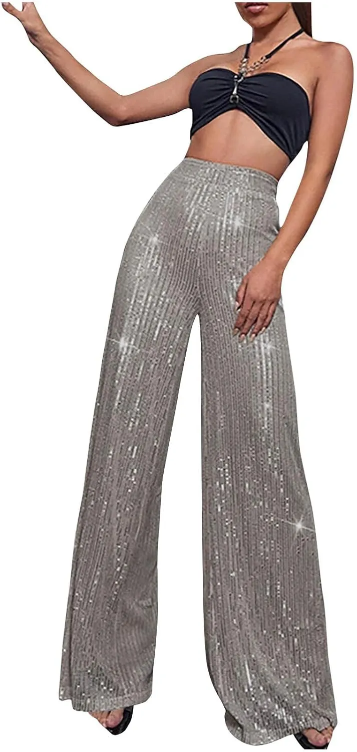 Women Sequin Pants High Waist Wide Leg Pants Long Glitter Palazzo Culottes Bling Party Clubwear Pants Fashion Trousers