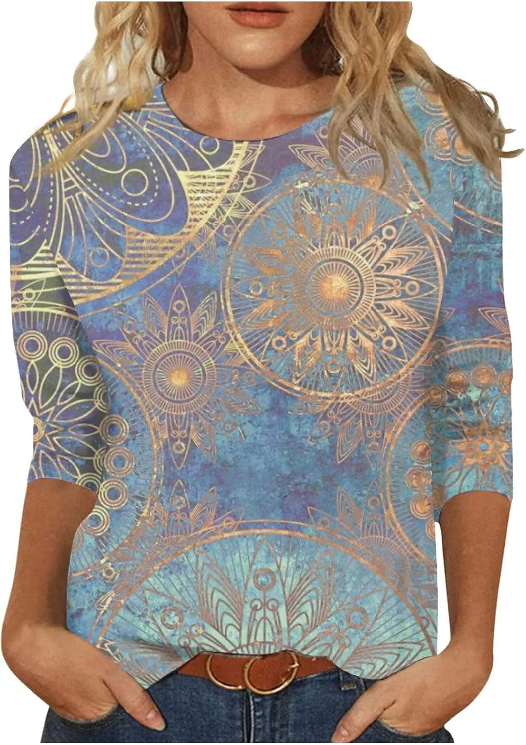 Womens 3/4 Length Sleeve Tops Crew Neck Shirts Casual Trendy Floral Print Blouses Tunic Spring Summer Top