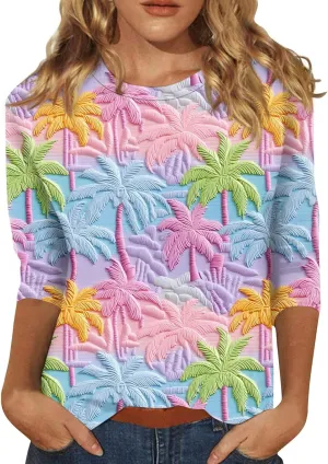 Womens 3/4 Length Sleeve Tops Crew Neck Shirts Casual Trendy Floral Print Blouses Tunic Spring Summer Top