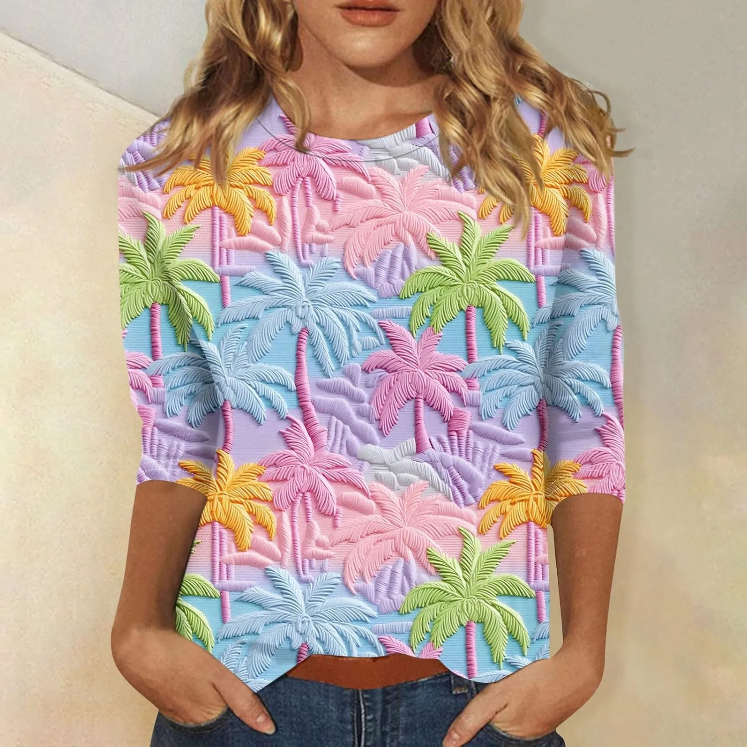 Womens 3/4 Length Sleeve Tops Crew Neck Shirts Casual Trendy Floral Print Blouses Tunic Spring Summer Top