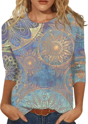 Womens 3/4 Length Sleeve Tops Crew Neck Shirts Casual Trendy Floral Print Blouses Tunic Spring Summer Top