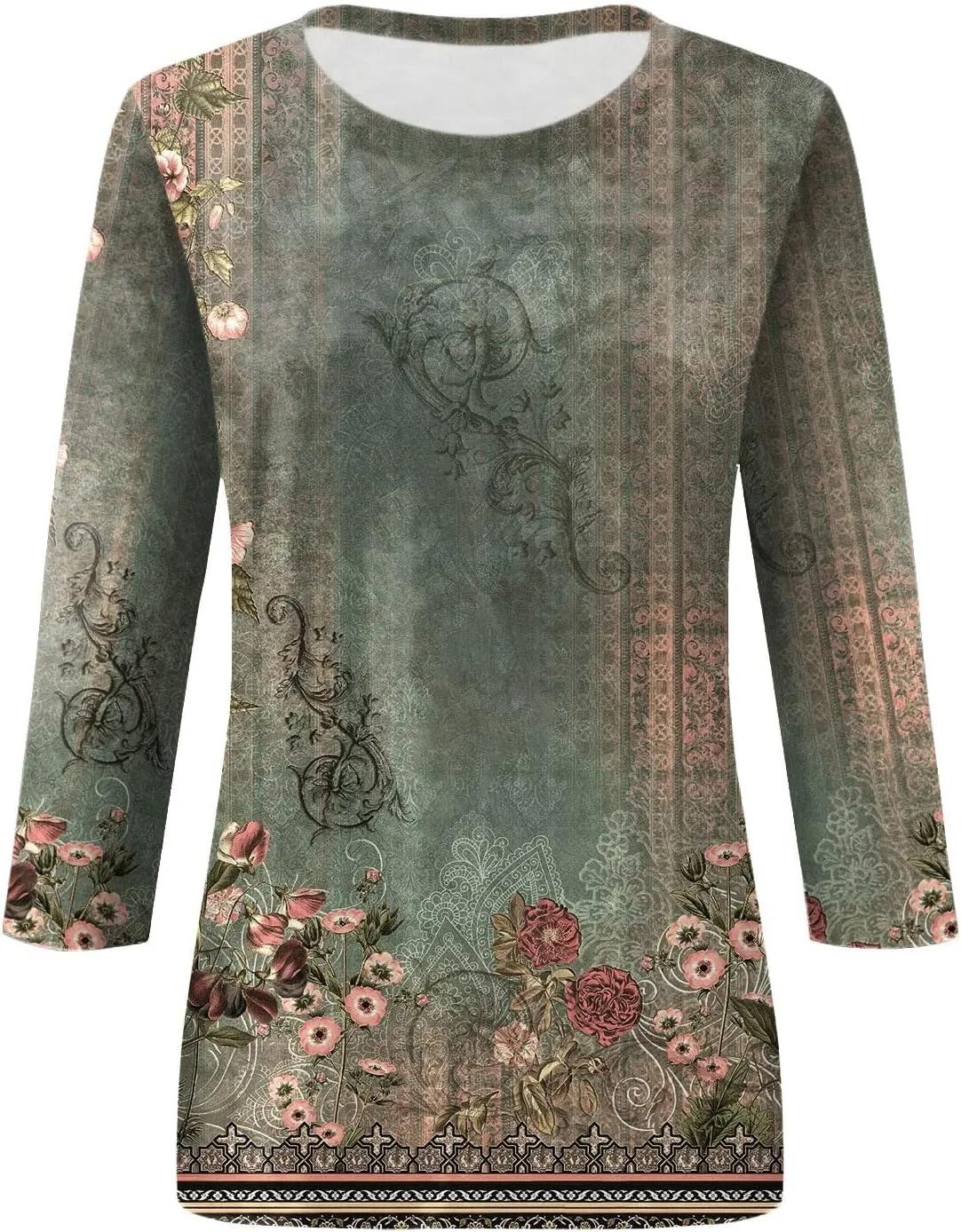 Womens 3/4 Length Sleeve Tops Crew Neck Shirts Casual Trendy Floral Print Blouses Tunic Spring Summer Top