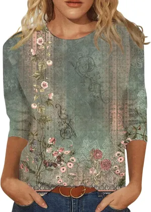 Womens 3/4 Length Sleeve Tops Crew Neck Shirts Casual Trendy Floral Print Blouses Tunic Spring Summer Top