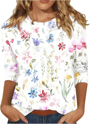 Womens 3/4 Length Sleeve Tops Crew Neck Shirts Casual Trendy Floral Print Blouses Tunic Spring Summer Top