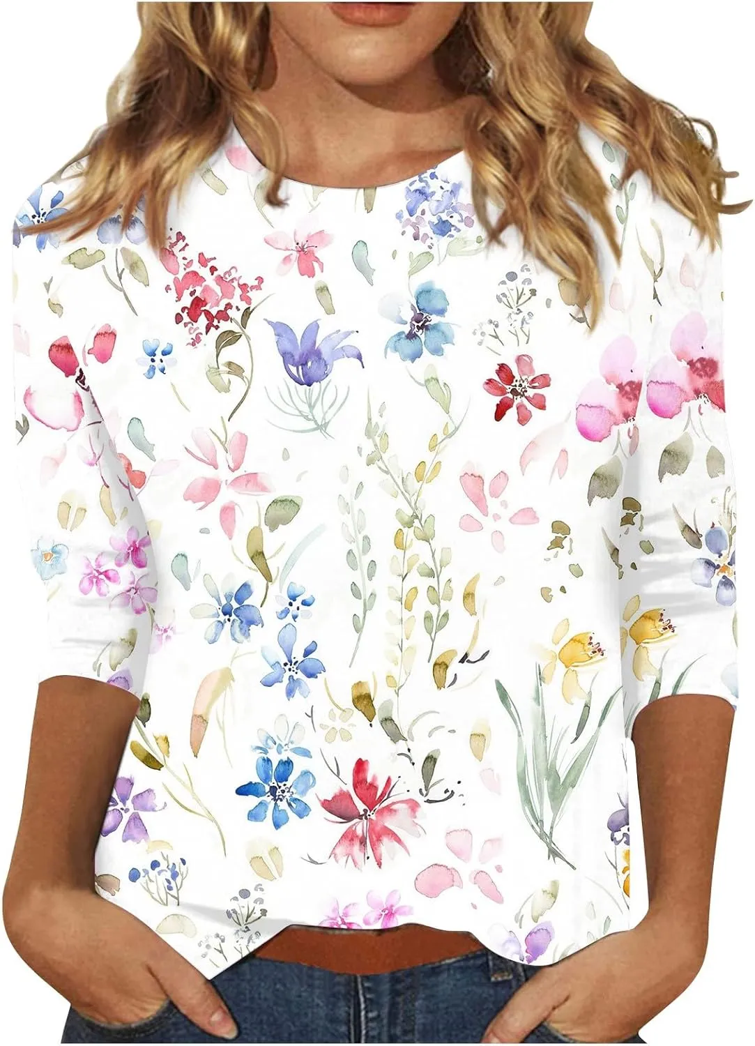 Womens 3/4 Length Sleeve Tops Crew Neck Shirts Casual Trendy Floral Print Blouses Tunic Spring Summer Top