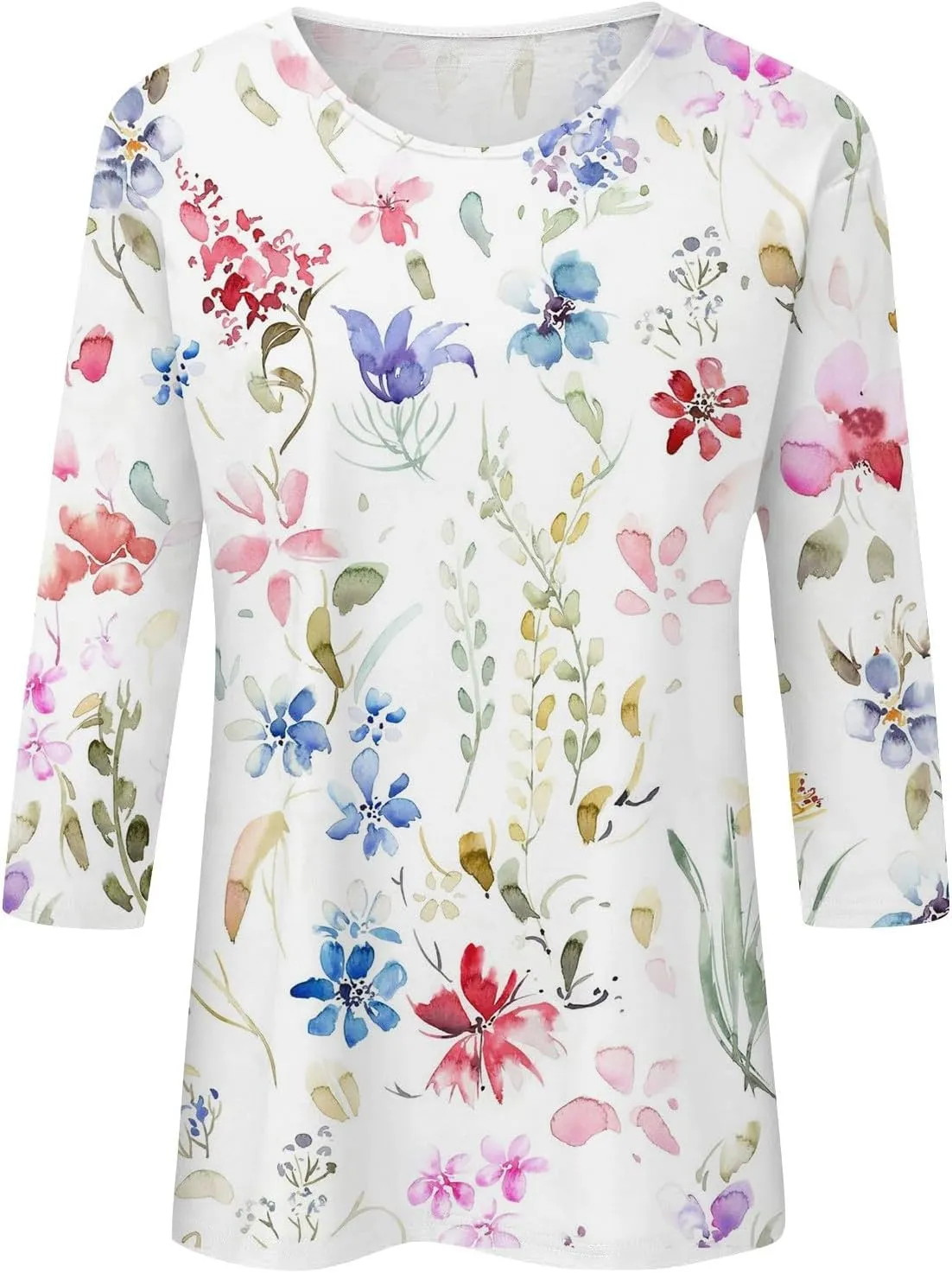 Womens 3/4 Length Sleeve Tops Crew Neck Shirts Casual Trendy Floral Print Blouses Tunic Spring Summer Top