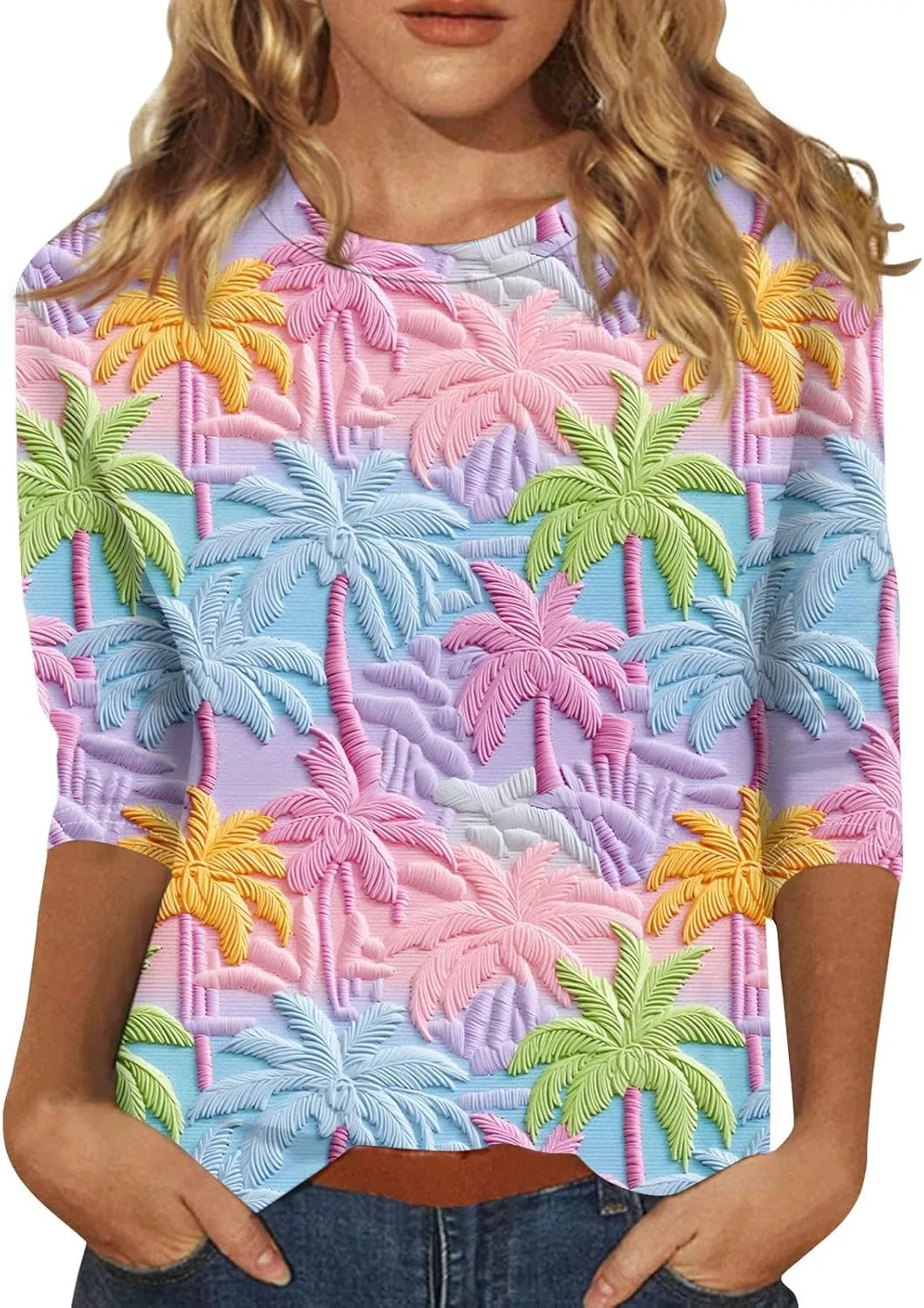 Womens 3/4 Length Sleeve Tops Crew Neck Shirts Casual Trendy Floral Print Blouses Tunic Spring Summer Top