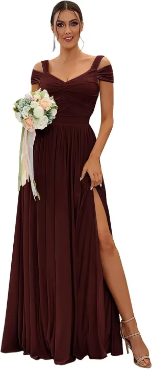 Women's Bridesmaid Dresses for Wedding Chiffon Off Shoulder A-line Formal Evening Gowns with Slit