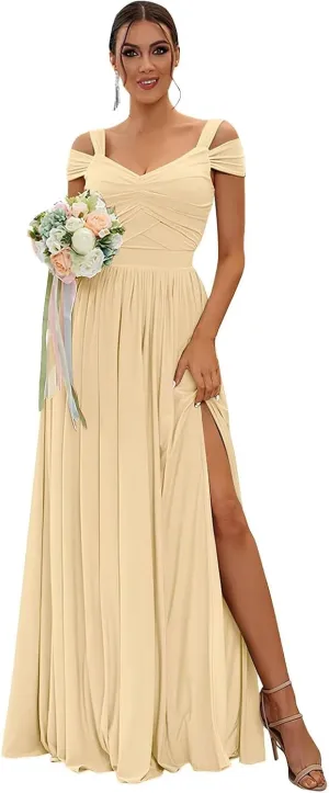 Women's Bridesmaid Dresses for Wedding Chiffon Off Shoulder A-line Formal Evening Gowns with Slit