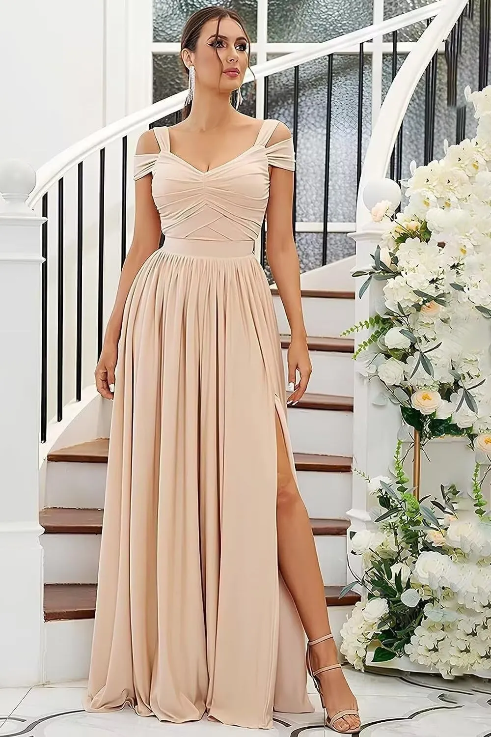 Women's Bridesmaid Dresses for Wedding Chiffon Off Shoulder A-line Formal Evening Gowns with Slit