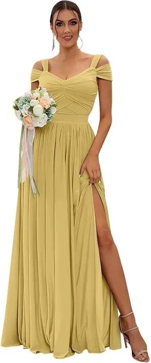 Women's Bridesmaid Dresses for Wedding Chiffon Off Shoulder A-line Formal Evening Gowns with Slit