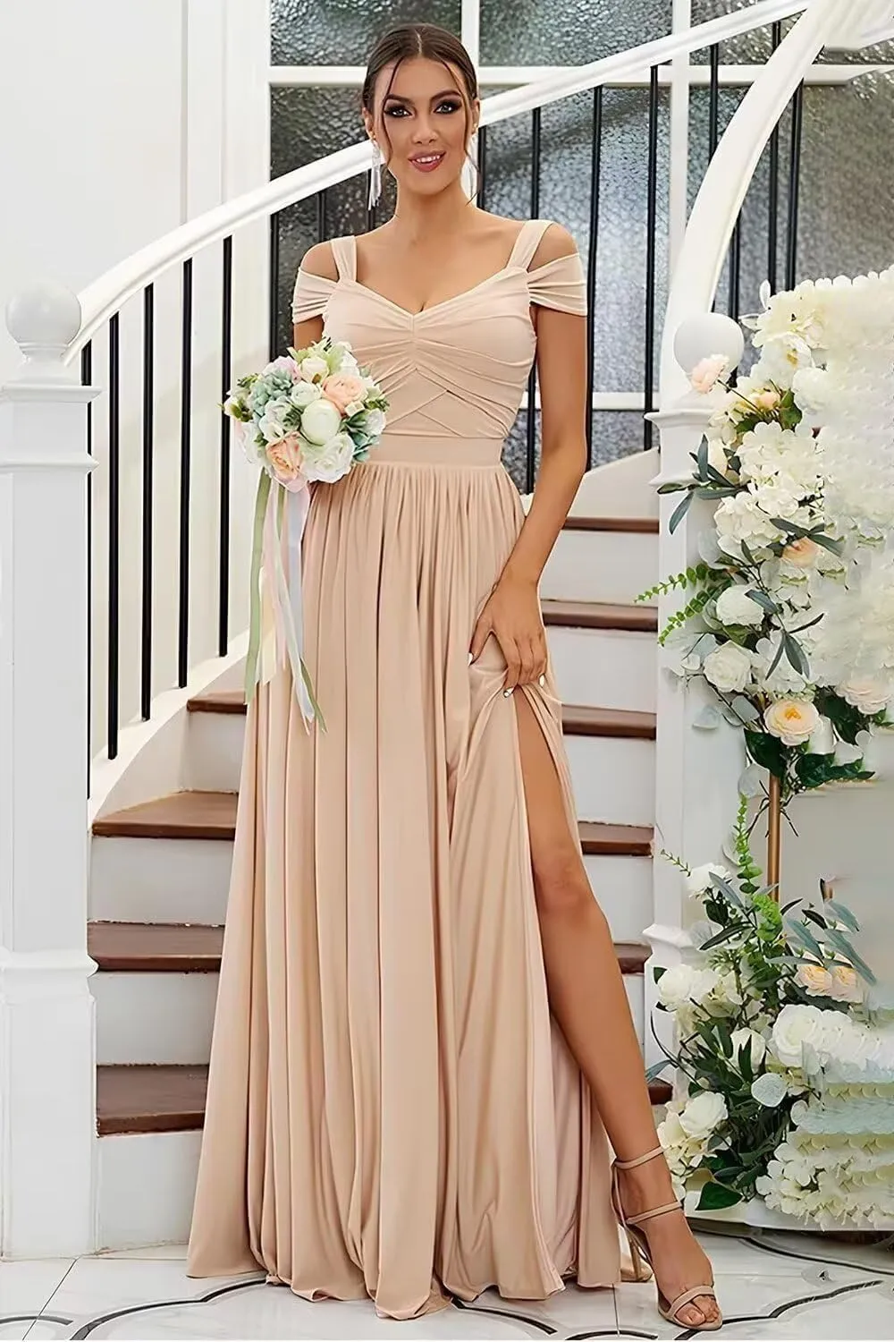 Women's Bridesmaid Dresses for Wedding Chiffon Off Shoulder A-line Formal Evening Gowns with Slit