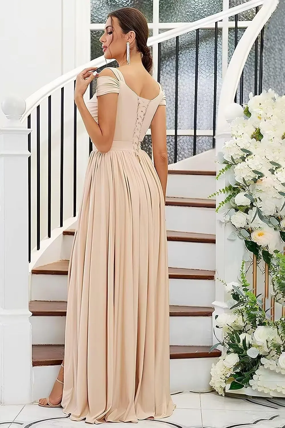 Women's Bridesmaid Dresses for Wedding Chiffon Off Shoulder A-line Formal Evening Gowns with Slit