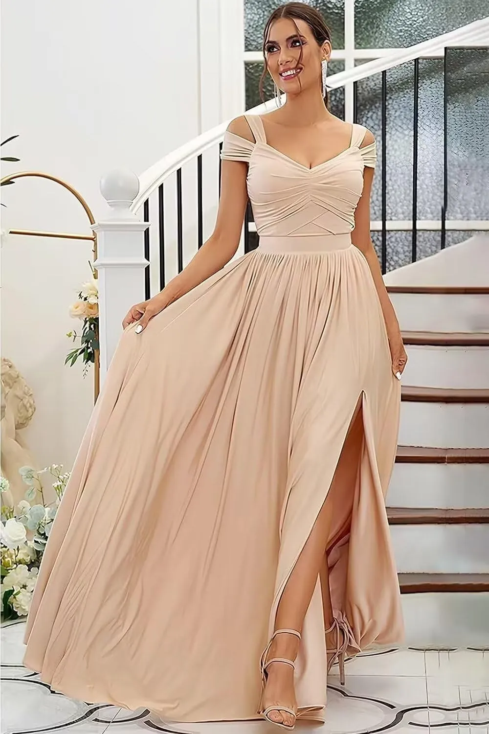 Women's Bridesmaid Dresses for Wedding Chiffon Off Shoulder A-line Formal Evening Gowns with Slit