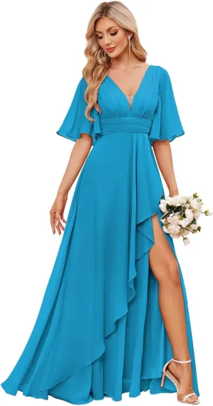 Women's Chiffon Bridesmaid Dresses for Wedding Long with Slit Short Sleeve V Neck Ruffle Formal Evening Dress