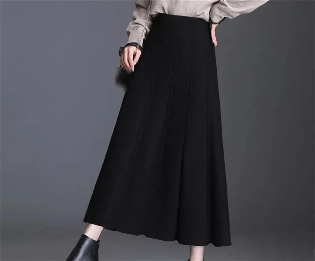Women's Knitted Pleated Midi Skirt High Waist A-Line Wool Skirt for Autumn Winter