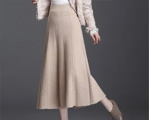 Women's Knitted Pleated Midi Skirt High Waist A-Line Wool Skirt for Autumn Winter