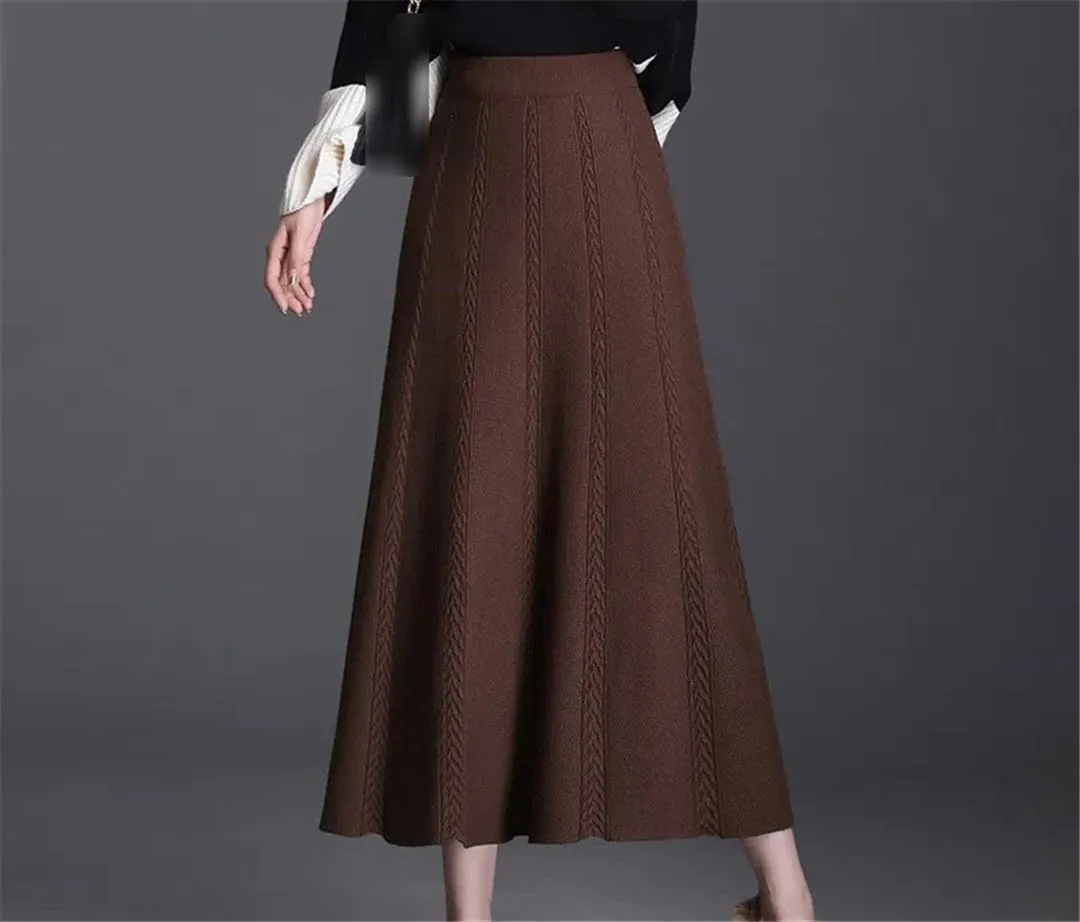 Women's Knitted Pleated Midi Skirt High Waist A-Line Wool Skirt for Autumn Winter