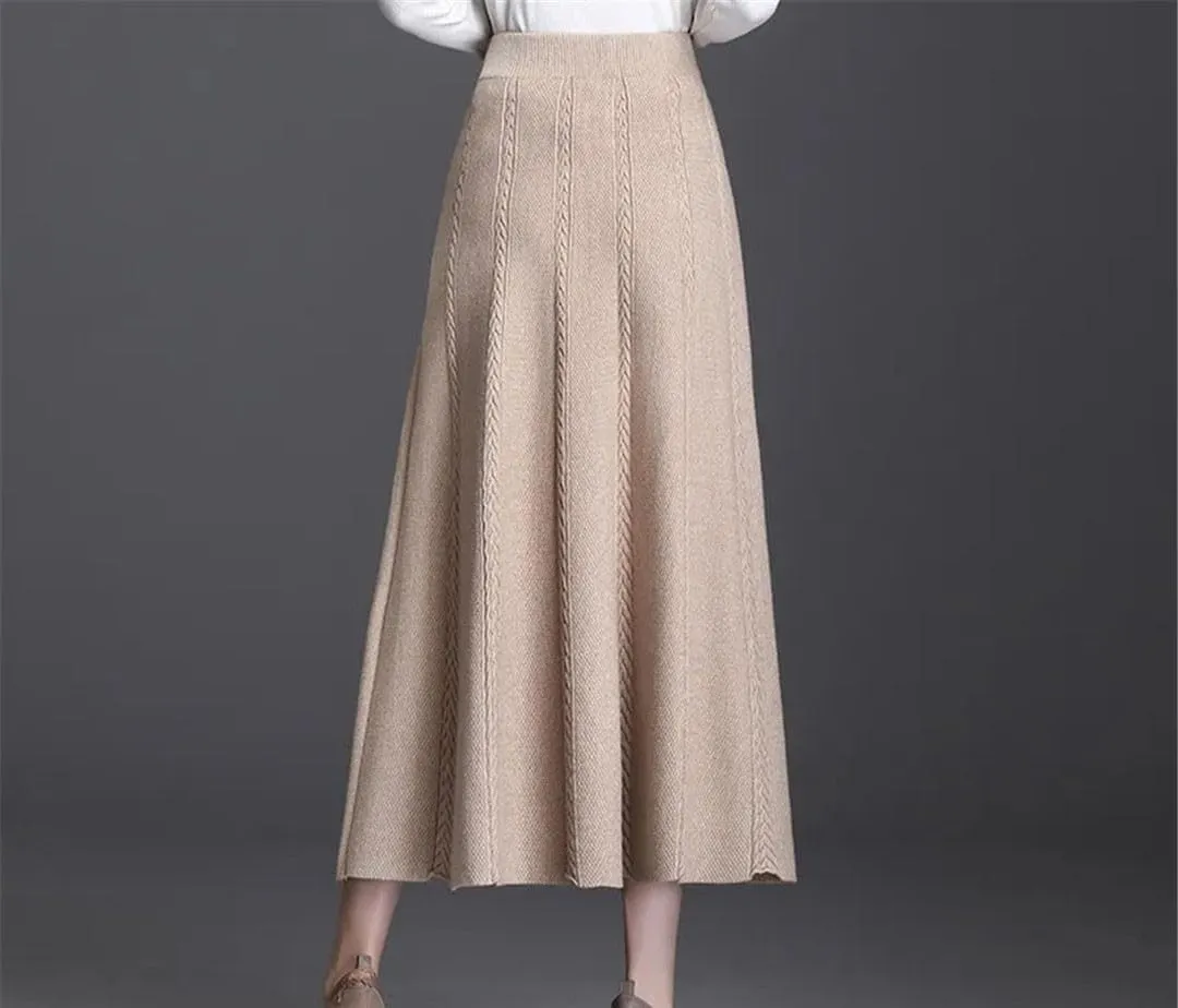 Women's Knitted Pleated Midi Skirt High Waist A-Line Wool Skirt for Autumn Winter