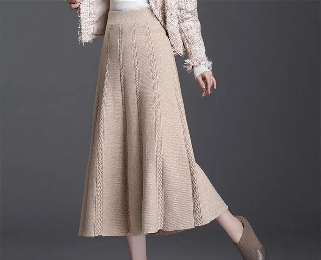 Women's Knitted Pleated Midi Skirt High Waist A-Line Wool Skirt for Autumn Winter