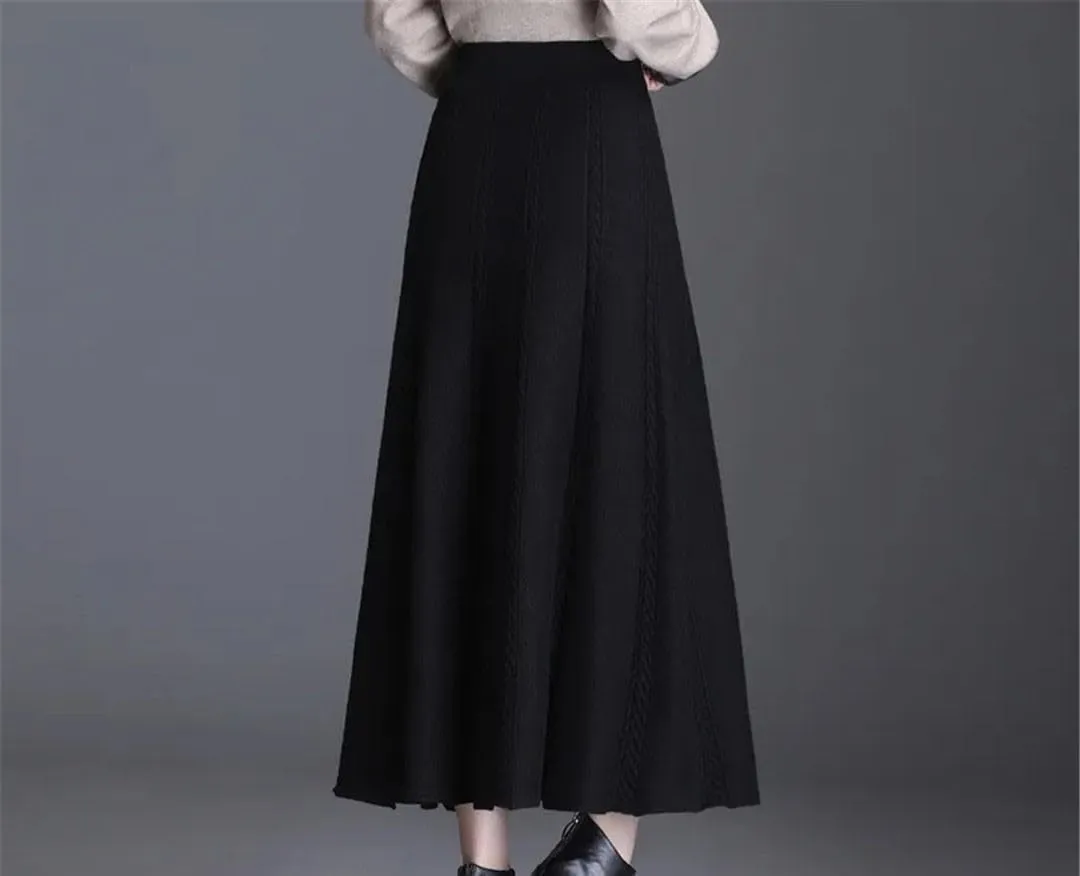 Women's Knitted Pleated Midi Skirt High Waist A-Line Wool Skirt for Autumn Winter