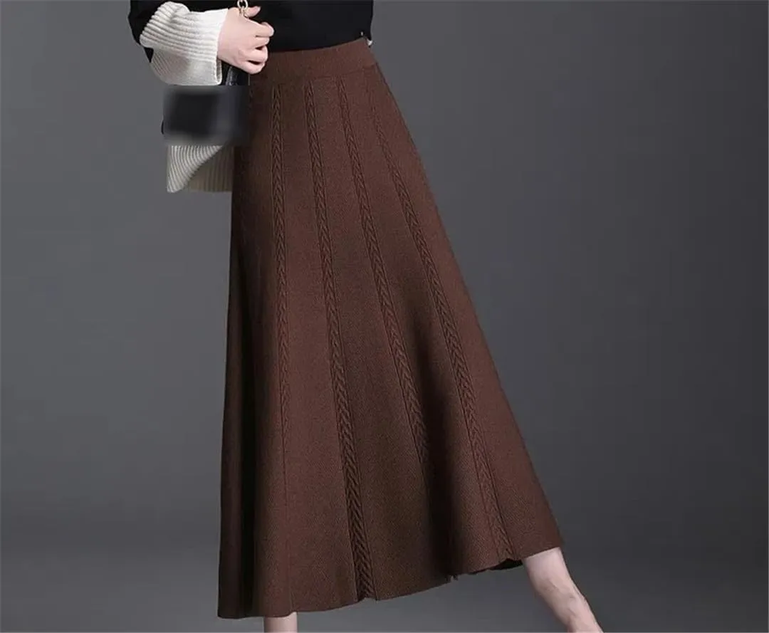 Women's Knitted Pleated Midi Skirt High Waist A-Line Wool Skirt for Autumn Winter