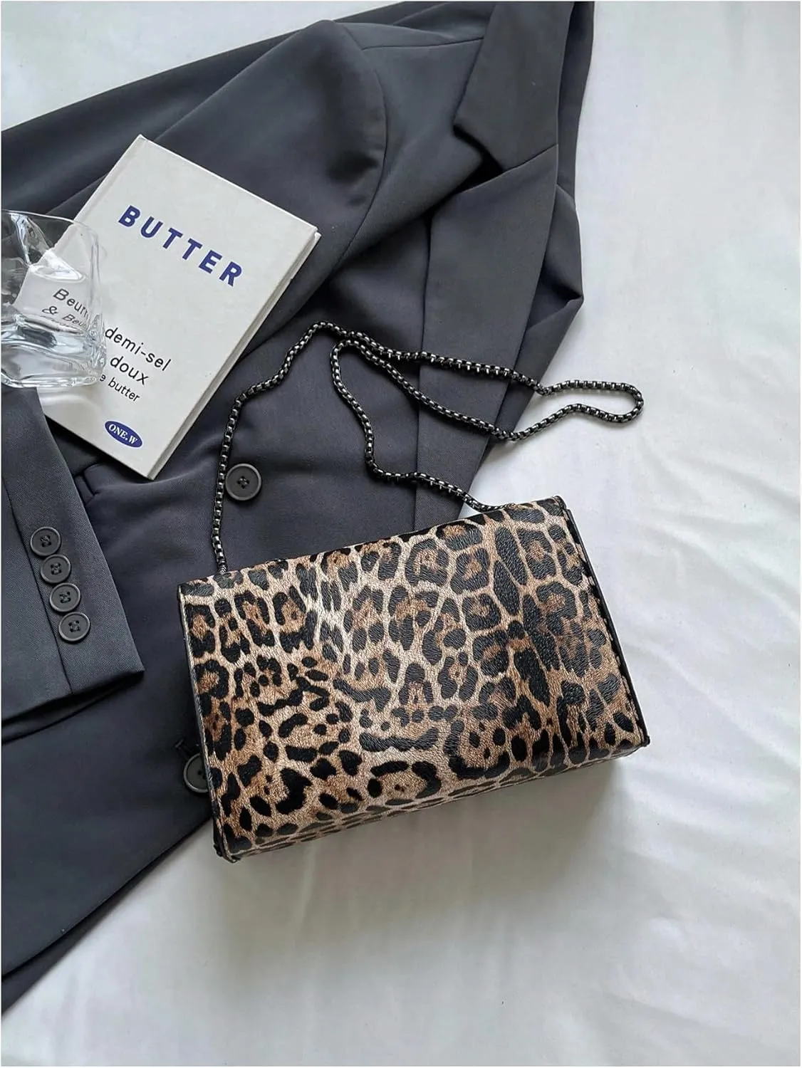 Women's Leopard Print Chain Shoulder Bag Metal Buckle Handbags Leather Clutch Purse
