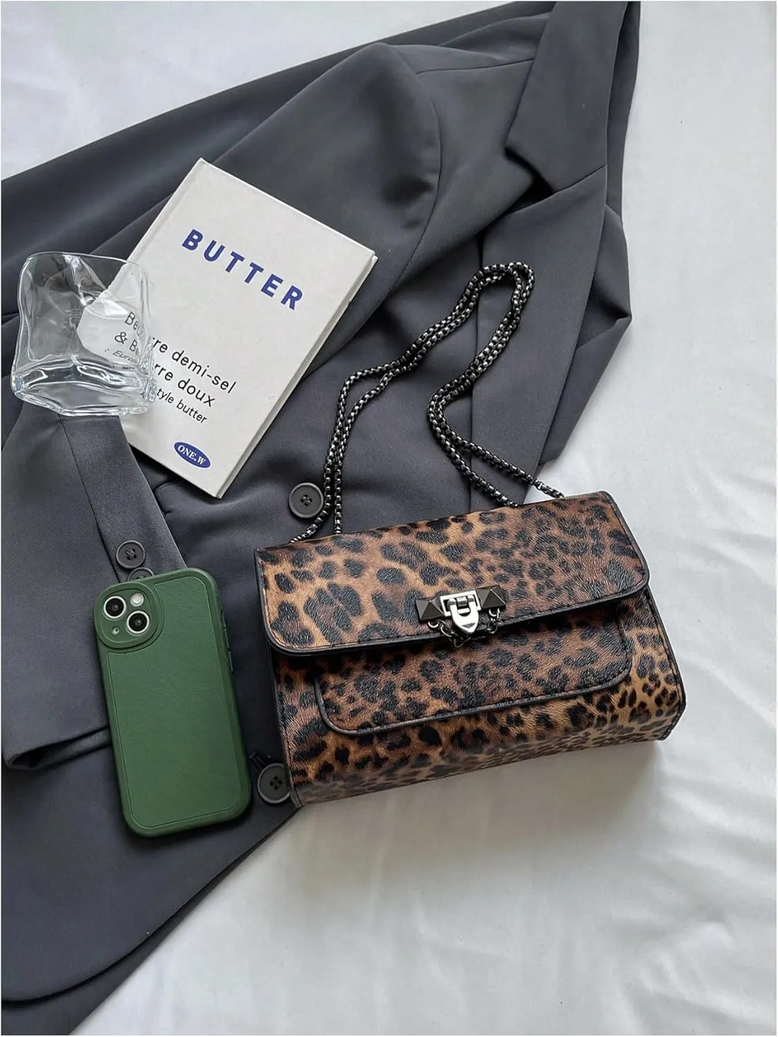 Women's Leopard Print Chain Shoulder Bag Metal Buckle Handbags Leather Clutch Purse