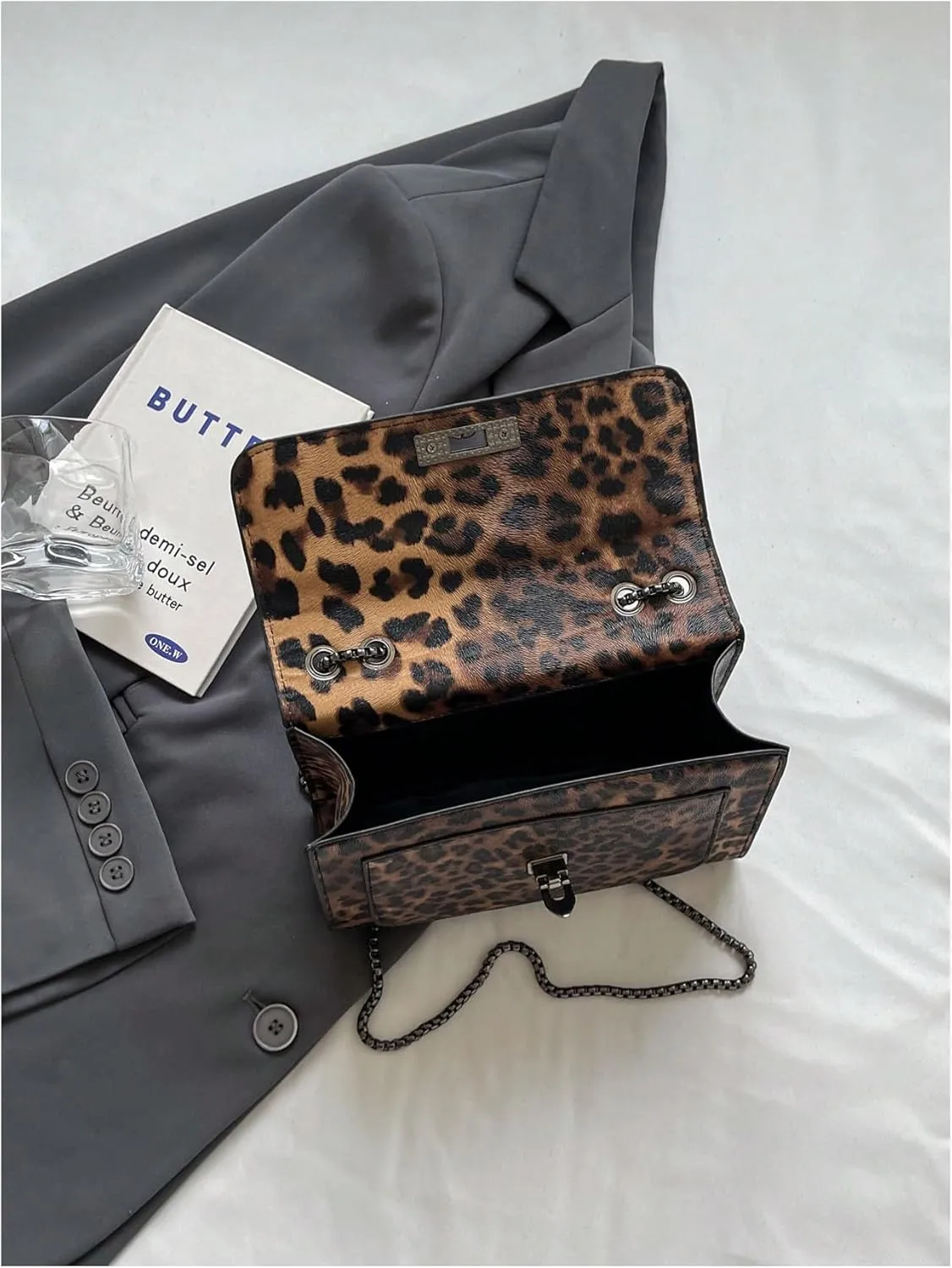 Women's Leopard Print Chain Shoulder Bag Metal Buckle Handbags Leather Clutch Purse