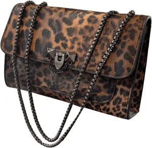 Women's Leopard Print Chain Shoulder Bag Metal Buckle Handbags Leather Clutch Purse