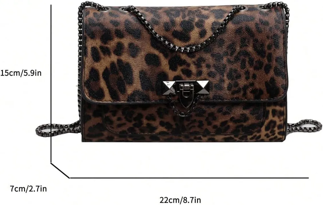 Women's Leopard Print Chain Shoulder Bag Metal Buckle Handbags Leather Clutch Purse