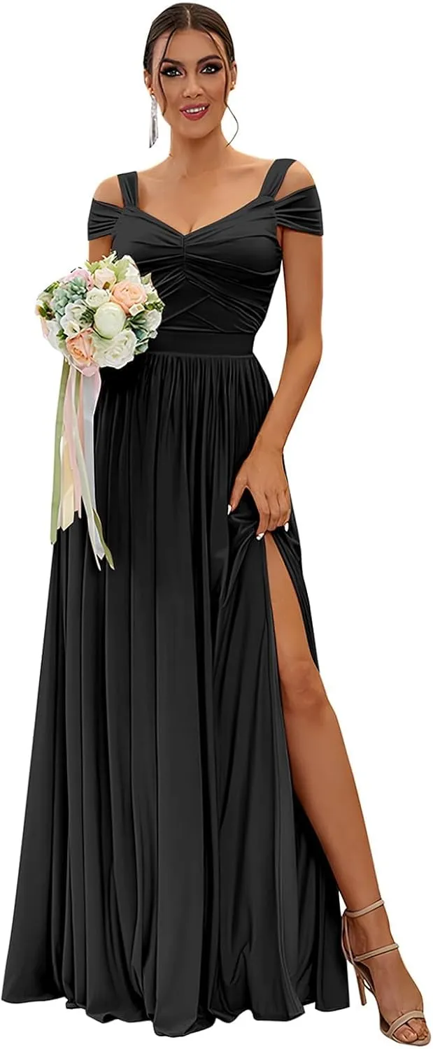 Women's Long Bridesmaid Dresses for Wedding Chiffon Off The Shoulder Formal Evening Gown with Slit R058