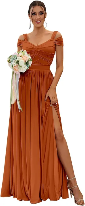 Women's Long Bridesmaid Dresses for Wedding Chiffon Off The Shoulder Formal Evening Gown with Slit R058