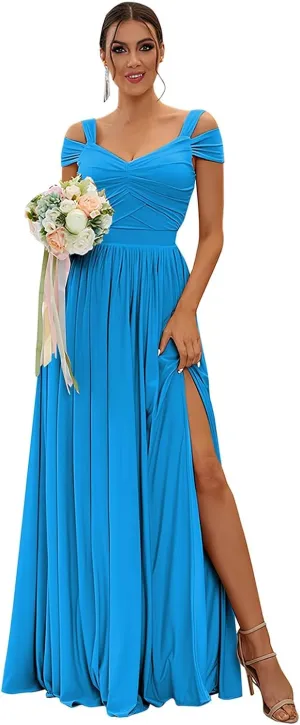 Women's Long Bridesmaid Dresses for Wedding Chiffon Off The Shoulder Formal Evening Gown with Slit R058