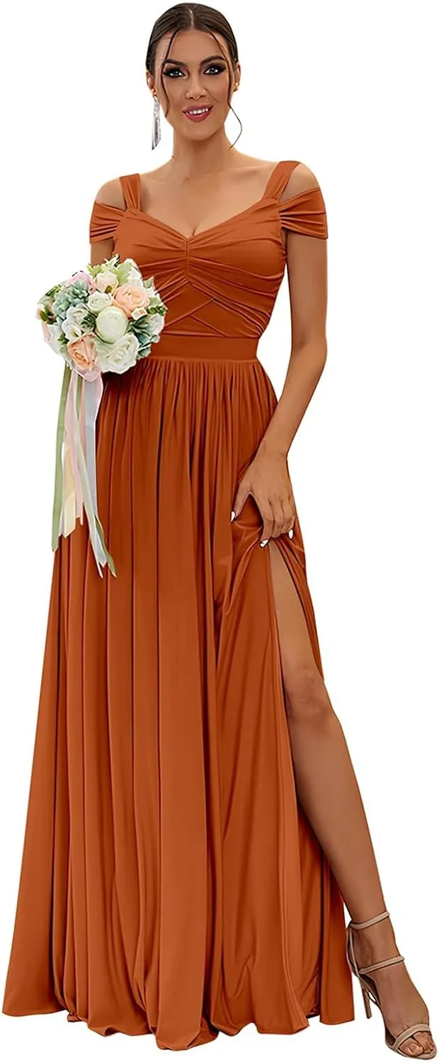 Women's Long Bridesmaid Dresses for Wedding Chiffon Off The Shoulder Formal Evening Gown with Slit R058