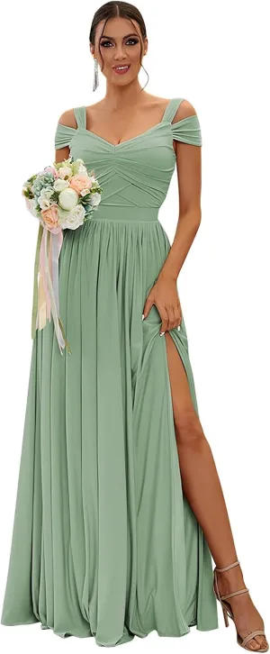 Women's Long Bridesmaid Dresses for Wedding Chiffon Off The Shoulder Formal Evening Gown with Slit R058