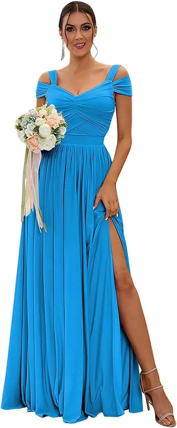 Women's Long Bridesmaid Dresses for Wedding Chiffon Off The Shoulder Formal Evening Gown with Slit R058